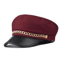Gold Chain Decor Newsboy Cap PU Leather Peaked Cap Retro Beret Hat  Autumn Winter vyno raudonos spalvos