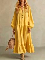 European and American new hot-selling long dress casual loose stand-up collar buttons long-sleeved cotton and linen dress women XXXL yellow