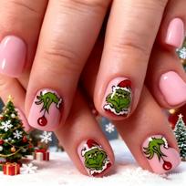 Christmas, hot-selling manicure Green cartoon red Christmas hat green fur monster short square wearing armor Free jelly glue + rubbing strips