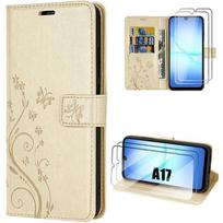 Coque de Protection - BOOLING - Samsung Galaxy A17 4G/5G - Cuir PU Floral Doré - 2 Verres Trempés auksas