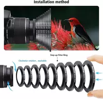 9 anoduoto aliuminio adapterio žiedų rinkinys (metalinis). Įeina: 40,5–49 mm, 49–52 mm, 52–55 mm, 55–58 mm, 58–62 mm, 62–67 mm, 67–72 mm, 72–77 mm, 77–82 mm (kameros filtro žiedas)