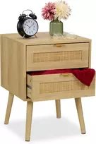 Lova Relaxdays naktinis staliukas su 2 stalčiais, rotango medienos efektas, a 55 x p 40 x g 41,5 cm, miegamojo spintelė prie lovos, natūralus