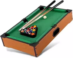 Fishtec mini amerikietiškas biliardo stalas, mobilus mini biliardo stalas, žalia veltinio danga, 2 lazdos, 16 kamuolių, trikampis ir kreida, šviesios medienos spalva, suaugusiems, 51 x 34 x 9.5 cm