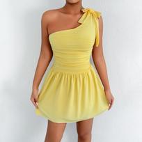 Summer new women's clothing hot-selling shoulder dress, European and American sexy solid color waist A-word short skirt L