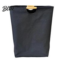 Multi Purpose Storage Bucket Laundry Basket with Wooden Handles Cotton And Linen Large Lightweight Basket Space Saving Foldable Organizer B black