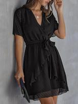 Hot-selling new temperament elegant V-neck irregular lace-up waist dress XXL black