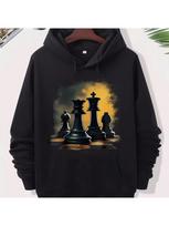 Black Pullover Hoodie, Chess Piece Graphic, Relaxed Fit Streetwear with Kangaroo Pocket, Outdoor Sports & Everyday Casual Wear, Bl L black