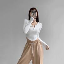 Long Sleeve T Shirt Women Autumn Slim Pure Desire Style Half Open Neck Solid Color Base Layer Fit Hot Girl Crop Top XL gray