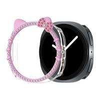 Blizgus katės ausų dėklas su blizgučiais Samsung Galaxy Watch 8 40mm 44mm, moteriškas, su kristaliniais deimantukais, apsauginis dangtelis watch8 44mm rožinė