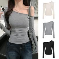 Women Fall Black Asymmetric Neck Top Slim Fit Long Sleeve Ruched Tee S