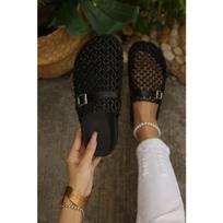 Women's Breathable Mesh Hollow Metal-Buckle Closed-Toe Flat Mule Sandals, Casual Comfort Footwear. 43 juoda