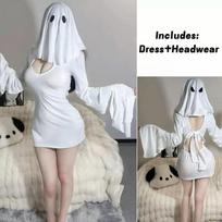 QQ Cosplay Costume Princess Holiday Dressing Slim Anime Sexy Women Ghost Bride Backless Dress Mask Halloween Party FishtailSkirt One Size gray