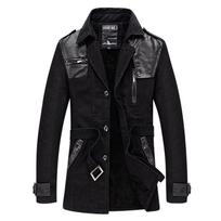 Men's Slim Fit Mid-length Trench Coat with Plush Lining and Leather Collar XXL black