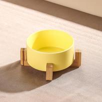 Juodas Keraminis Apsiverčiantis Katės ir Šuns Maisto/Vandens Dubenėlis Matte Yellow Bowl + Single Cross Bamboo Stand