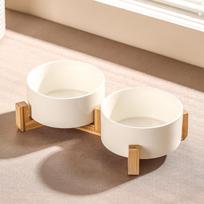 Juodas Keraminis Apsiverčiantis Katės ir Šuns Maisto/Vandens Dubenėlis Glossy White Bowl + Double Cross Bamboo Stand