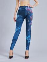 Style Denim Inspired Floral Printed Pants with Slim Fit High Elasticity High Waist Casual Leggings for Women 5XL blue