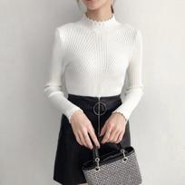 New Arrivals Open Run Slim FiT Mock Neck Scallop Ribbed KniT Spring T shirT blacks/FREE(55