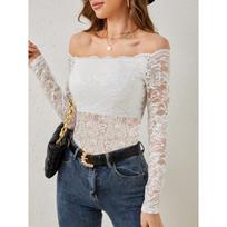 Elegant Lace Trim Off Shoulder Slim Fit Long Sleeve T Shirt For Women XL beige