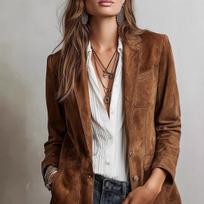 Ladies Suede Lapel Single Breasted Blazer, Slim Fit Pocket Design Long Sleeve Jacket, Vintage Versatile Commuter Suit Coat for Women XS black