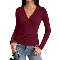 Women's Long Sleeve V-Neck Ruched Top Slim Fit Blouse for Casual Work Everyday Wear XL brown