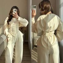 2026 Women's Round-Neck Long-Sleeve Simple Tie-Detail Slim-Fit Top and Wide-Leg Pants Set—2pcs Outfit for Casual and Office Wear L