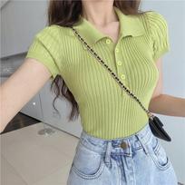 Summer Slim Thin Short Section Top Retro Small Lapel Short-sleeved Knit T-shirt Female Casual Essential Comfort Style Slim Fit Pullovers Tees One Size