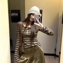 Women's Slim Fit Color Block Striped U-Neck Long-Sleeve T-Shirt for Spring/Autumn 2025 Medium black