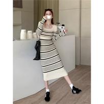 2026 Autumn/Winter Slim-Fit Striped Knit Midi Dress with Long Sleeves - French Style One Size gray