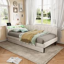 Viengulė sofa-lova 90x200 cm su LED, USB / Type-C jungtimi ir dviem stalčiais, aksominė, smėlio spalvos
