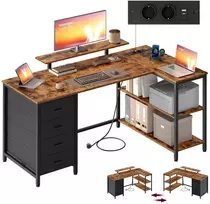 Kampinis rašomasis stalas su elektros lizdais ir 4 stalčiais, vintažinės rudos ir rašalo juodos spalvų, 140 × 80 × 90 cm