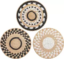 3 boho pintų sieninių krepšelių dekoracijų rinkinys, rustiškos rankų darbo sieninės skulptūros, apvalios sienų dekoracijos, sieninių krepšelių dekoras sienų dekoravimui, miegamajam, vaikų kambariui, svetainei, sodybai (30 cm x 30 cm)