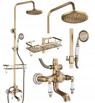 Žalvario spalvos retro dušo komplektas su lietaus dušo galvute ir lentynėle