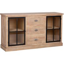 Home4You Komoda MONACO 89524, 150x40x83cm, 3 stalčiai, 2 stiklo spintelės, metalinis rėmas, pušis ir MDF