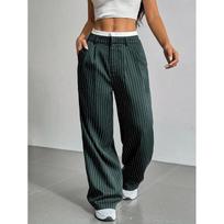 Womens High-Waisted Wide-Leg Striped Trousers Lightweight Office Chic Straight Cut Casual Pants M black