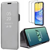 Case for Samsung Galaxy A15 4G-5G, Silver, Flip Cover Clear View with Stand Function, Mirror Effect+ 2 Tempered Glasses sidabras
