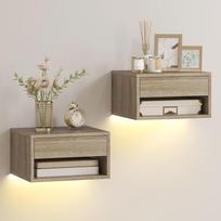 Set of 2 Floating Nightstands, RGB LED, App Control, 37x32x21 cm, Natural Wood