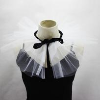 Women Tulle Ruffled Fake Collar Multi-Layered Mesh Clown Choker Lace-Up Ribbon Neck Ruff Shawl Fake Collar gray