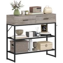Entryway Table with 2 Drawers, 2 Shelves, Side Hook, Wood and Metal, 100x35x92 cm, Black and Wood šviesiai pilka spalva