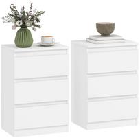 Set of 2 Handleless Nightstands, 3 Drawers, Wood Look, White balta