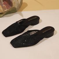 Fashion Summer Women Slippers Sexy Lace Mules Indoor Home Slides Square Toe Female Flats Shoes Outdoor Clogs Beach Sandals Flip Flops 37 beige