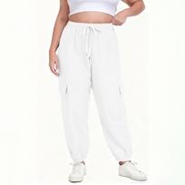 Women's Plus-Size Fashion Loose-Fit -Color Multi-Pocket Casual Drawstring Work Pants XXXXXL white