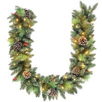 180cm Christmas Garland with Snow-Covered Branches and 30 White Lights, Pine Cones and Berries for Indoors žalia