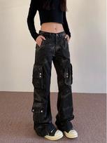 2026 Spring/Summer Women's Multi-Pocket Wide-Leg Workwear Jeans 3XL black