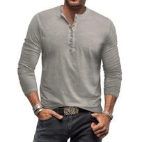 Men stand notch neck multi button slub fabric henley long sleeve casual tee M gray