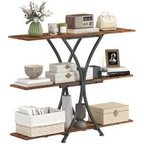 Console Table Sofa Table with 2 Open Shelves, X-Shaped Metal Frame, Industrial Style, Rustic Brown