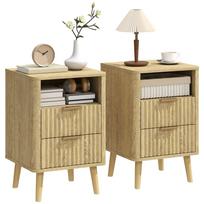 Set of 2 Nightstands, 2 Drawers, Open Compartment, Rounded Corners, 40x40x61 cm, Oak