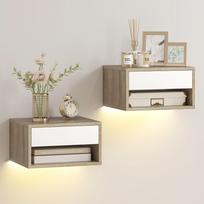 Set of 2 Floating Nightstands, RGB LED, App Control, 37x32x21 cm, White Wood