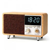 Retro Wooden Alarm Clock Radio, Qneye Vintage Bluetooth 5.3 Speaker, 1500mAh Rechargeable, FM Radio, TF & AUX Playback, Desktop Clock for Home