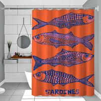 Retro Kitchen Fish Blue Sardines Red Lobster Tuna Simple Shower Curtain Bathroom Shower Curtain Easy Clean Scrub Light Opaque 180x200 cm