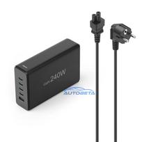 Uzlādes stacija HAMA 201977, 240W kopā, 4× USB-C, 1× USB-A, melna